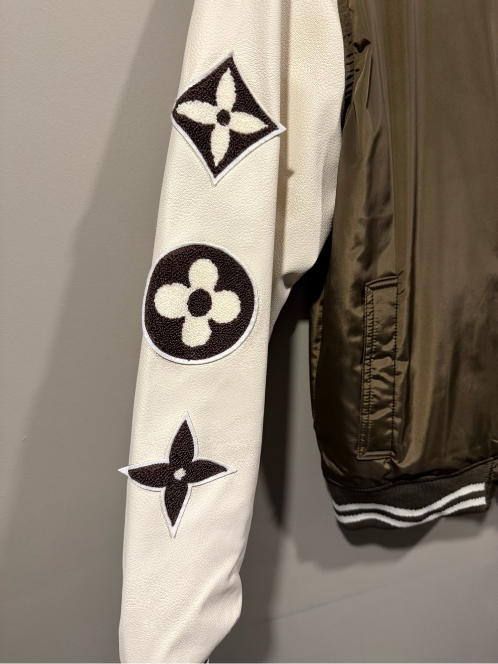 LV style designer Men's Brown and White leather Varsity Jacket - Picture 3 of 15